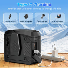 Portable Waist Fan with 7W Brushless Turbo Dual Motor, 100-Speed Adjustable, 6000mAh Power Bank, Phone Charging Design, Desktop Stand, Lanyard, Flashlight & LED Display for Outdoor Camping Fishing Hiking