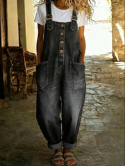 Womens Elastic Vintage Washed Denim Overalls Casual Loose Fit Wide Leg Jumpsuit Slouchy Cargo Bib Overalls with Pockets Adjustable Straps Button Jean Romper for Weekend Camping Outdoor Outfits