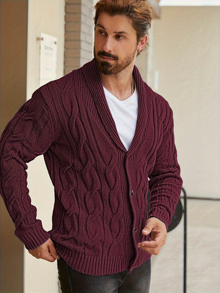 Men'S Solid Cable Knit Cardigan Fall Winter Button-Up Knit Coat