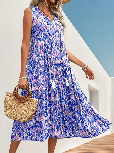 Spring/Summer Vacation Women'S Sleeveless Bohemian Style Fringed Tie-Up Printed Dress