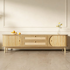 Natural Country Style TV Stand - Wood-Blend Cabinet With Doors Drawers, Rattan Sides, Practical Storage Solution For Living Room Home
