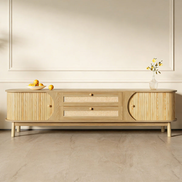 Natural Country Style TV Stand - Wood-Blend Cabinet With Doors Drawers, Rattan Sides, Practical Storage Solution For Living Room Home
