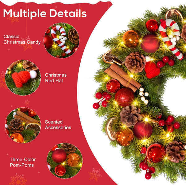 Christmas Wreath, 40Cm/16Inch Battery Powered Christmas Door Wreaths with 40Leds, Artificial Xmas Wreaths with Timer Function 8 Modes for Front Door Fireplace Festival Wall Decoration