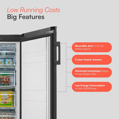 Cookology CTFZ160BK Tall Freestanding Freezer - Upright Freezer with 160 Litre Capacity - 142Cm High and 55Cm Wide - 5 Large Compartments - Reversible Door - Black