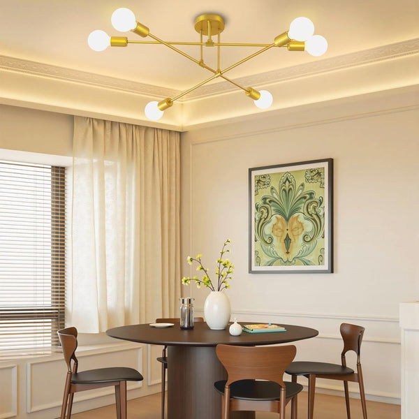 6-Light Modern Gold Sputnik Chandelier, Industrial Semi Flush Mount Ceiling Light Fixture, E27 Hardwired Metal Lamp for Living Room Dining Room