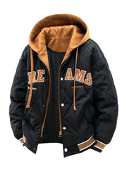 2025 New Men's Winter Warm Jacket with Letter Embroidery, Thickened Warm Casual Hooded 2-in-1 Look Padded Coat, Camping Christmas New Arrival