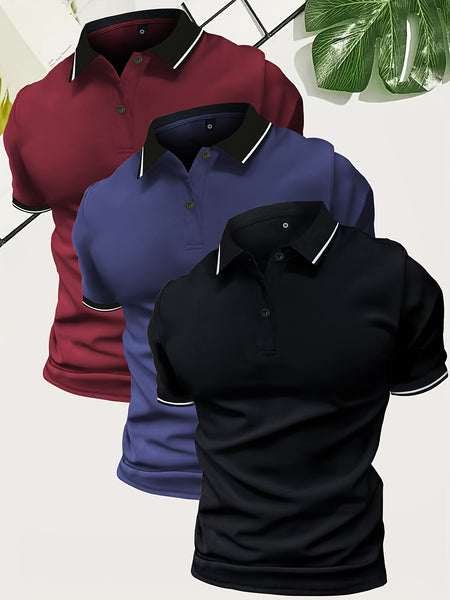 3pcs Set of Summer Collared Men'S Short Sleeve Polo Shirts Solid Color Plain Multicolor Golf Shirts Casual Athletic Wear Men'S Top