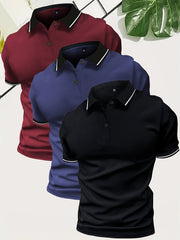 3pcs Set of Summer Collared Men'S Short Sleeve Polo Shirts Solid Color Plain Multicolor Golf Shirts Casual Athletic Wear Men'S Top