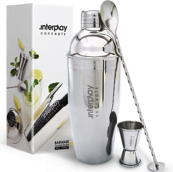 Interplay Concepts 5 Pieces Large 750Ml Stainless Steel Cocktail Shaker Set with Strainer, Jigger and Mixing Spoon, Cocktail Set with Bar Accessories