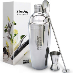 Interplay Concepts 5 Pieces Large 750Ml Stainless Steel Cocktail Shaker Set with Strainer, Jigger and Mixing Spoon, Cocktail Set with Bar Accessories