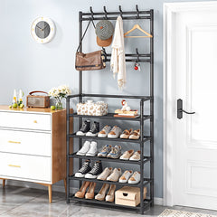 5 Tier Shelves Metal Coat Rack Stand with Shoe Storage Hallway Furniture With 8 Hooks Hanger, Freestanding Shoe and Coat Hat Stand with Non Woven Fabric Storage Shelf, Multi-Functional Metal Hall Tree for Coats, Hats & Shoes Living Room Bedroom