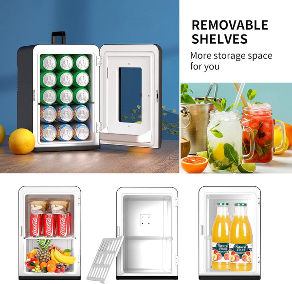 Mini Fridge 15 Liter/21 Cans, Upgrade Portable AC+DC Power Small Fridge for Bedroom, Car, Office, Thermoelectric Cooler and Warmer Skincare Fridge for Food, Drinks, Cosmetics, Max & ECO Mode