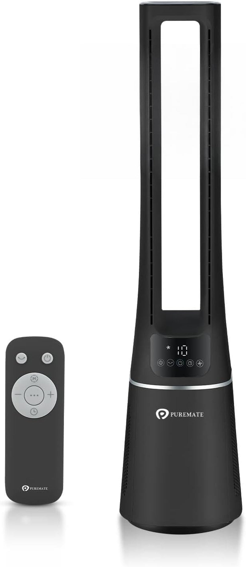 Puremate 2-In-1 Bladeless Tower Fan & Air Purifier with HEPA Filter, 10 Speed Settings, Portable Ultra Quiet Standing Fan with Remote Control, Digital Display, Powerful Air Cooling for Home & Office