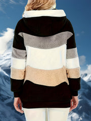 Women's Warm -Lined Hooded Winter Coat with Jacket - Brown & White Geometric/Striped Outer, Zippered Pockets, Machine Washable Casual Outerwear for Weather (Non-Stretch) | - Outer Jacket for women