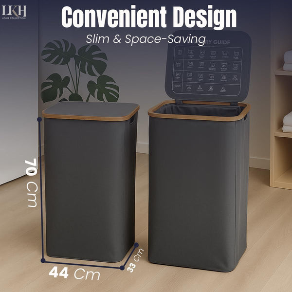 LKH Laundry Basket with Lid 100 litre | 600D Polyester Clothes Hamper for Laundry with Bamboo handles, Laundry Guide & Inner Mesh Bag | 44x33x70cm Laundry Basket Organizer for Dorm Laundry Room