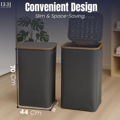 LKH Laundry Basket with Lid 100 litre | 600D Polyester Clothes Hamper for Laundry with Bamboo handles, Laundry Guide & Inner Mesh Bag | 44x33x70cm Laundry Basket Organizer for Dorm Laundry Room