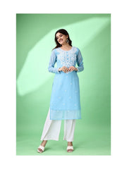 Estationeryhouse Women's Georgette Lucknowi chikankari kurti, Rose Design with Heavy Embroidery, Without Bottom