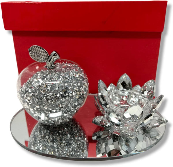 Amazing Gift Silver Sparkle Glass Ornament Bling Crushed Diamond Crystal Filled Apple Shape Tealight Candle Holder