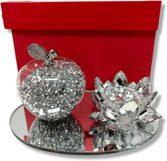 Amazing Gift Silver Sparkle Glass Ornament Bling Crushed Diamond Crystal Filled Apple Shape Tealight Candle Holder