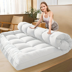 1pc Hotel Quality Mattress Topper - 4-Inch/10cm Thick Plush Bed Pad with Quilted Cover, Compatible for Single/Double/King Beds, Machine Washable White Mattress (Elastic Straps for Secure Fit)
