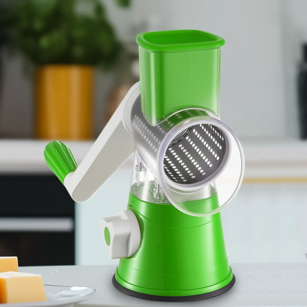 Rotary Vegetable Shredder 3 in 1 Rotary Cheese Grater Round Vegetable Mandoline Blades Handheld Fruit Vegetable Slicer Shredder for Fruit Nut and Vegetable Grate Green