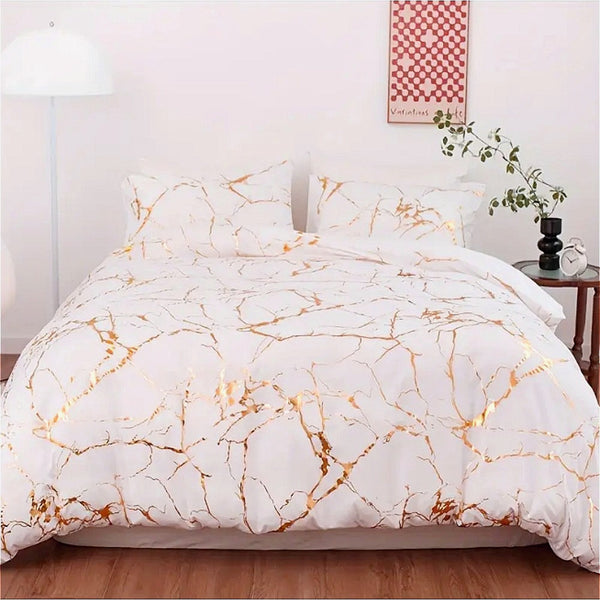 1set White Gilded Marble Pattern Duvet Cover Pillowcase Three-Piece Bedding Set with 2 Pillowcases for All Seasons and 1 Soft Duvet Cover Home Bedding Three-Piece Set