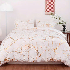 1set White Gilded Marble Pattern Duvet Cover Pillowcase Three-Piece Bedding Set with 2 Pillowcases for All Seasons and 1 Soft Duvet Cover Home Bedding Three-Piece Set