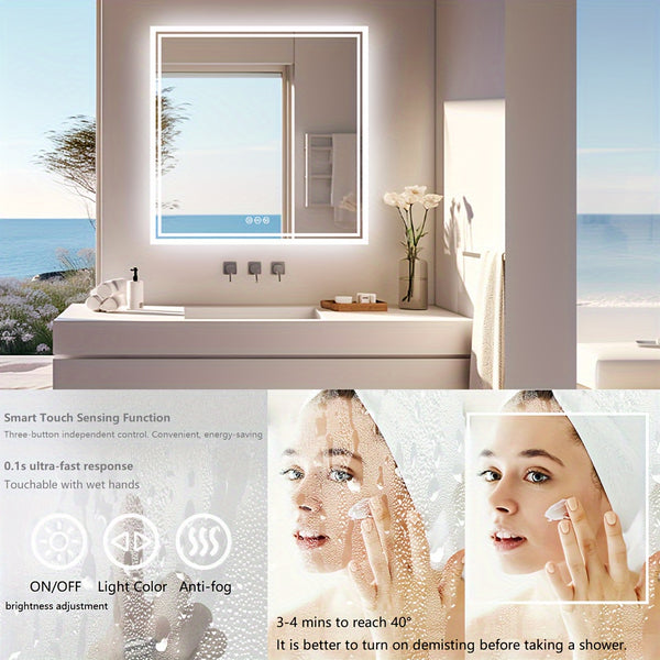 Square LED Bathroom Mirror Measuring 800X800Mm, Featuring Illuminated Backlighting, Wall Mounting, an Anti-Fog Demister, a Smart Touch Button, And Dimmable Settings for Makeup Application