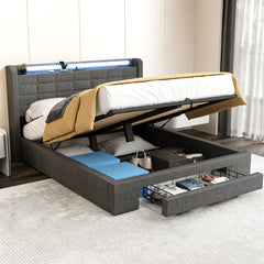 Upholstered Ottoman Bed/ 4 Drawer Storage Bed, 4ft6 Double Bed Frame with Storage & LED & USB, Gas Lift Up Storage Bed Hydraulic Upholstered Bed with Storage Headboard&Slats, Linen, No Mattress, Grey (Optional Purchase Of Mattress)