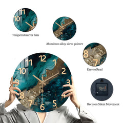 Green Marble Wooden Wall Silent Clock
