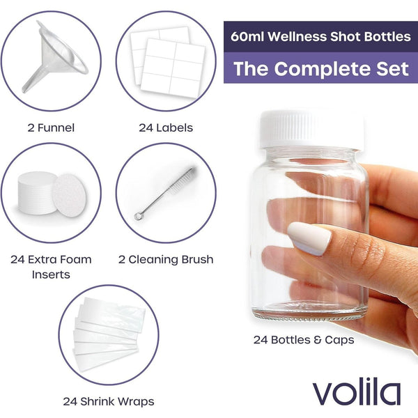 Shot Bottles with Lids - Reusable Glass Shot Bottles with Lids, Funnel, Labels, Shrink Wrap, Cleaning Brush and Extra Foam Insert - Portable and Leakproof