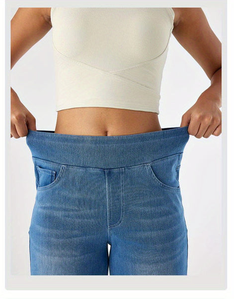 ' High Waisted Wide Jeans - Stretchy Pants with Multiple Pockets, -Washed - Casual Trousers for Jeanswear & Layering (Wide-Waisted Fit)