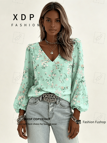 2D Flat Print Retro Western Style Shirt| V-neck Women's Long-sleeved Top with Colorful Small Floral Print, Bohemian Style Lantern Sleeve Design, Machine Washable, Suitable for Casual Attire and Vacations, 2D Flat