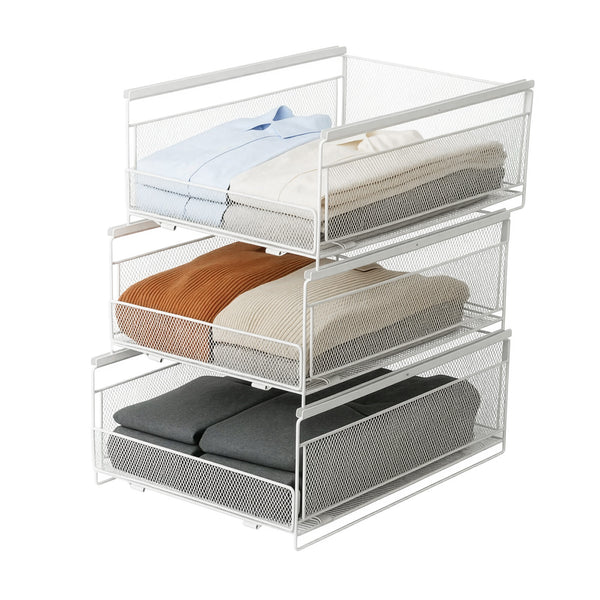 3pcs Stackable Wire Metal Frame Organizer for Wardrobe, Foldable and Stackable Metal Wire Storage Basket, Layered Pull-Out Drawer Organizer, Dormitory Storage Basket, Clothes and Clothing Basket, Partitioned Drawer Style Closet
