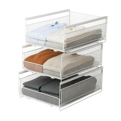 3pcs Stackable Wire Metal Frame Organizer for Wardrobe, Foldable and Stackable Metal Wire Storage Basket, Layered Pull-Out Drawer Organizer, Dormitory Storage Basket, Clothes and Clothing Basket, Partitioned Drawer Style Closet