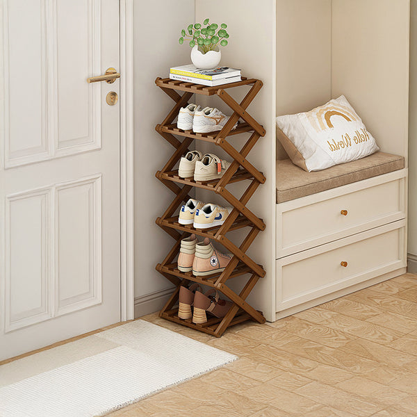 4/5/6/7 Tiers Bamboo Wooden Shoe Rack, Vertical Shoe Racks Storage Shelves Tall Shoe Tower, Collapsible Narrow Shoe Stand, Installation Free Folding X-Shape Shoe Racks Sneakers Slippers Holder Organizer, Multi Functional Shoe Rack Durable Footwear Cabinet