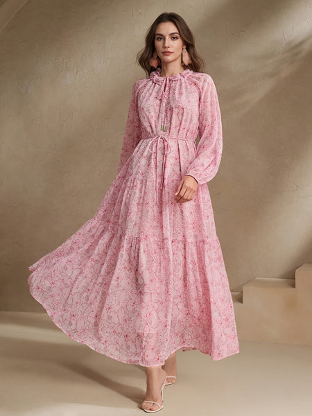 Women's Elegant Chiffon Print Loose Long-sleeved Swing Dress, No Elastic, Daily And Commuting, Vacation, Suitable for All Seasons, Double-layer, Waist Rope, Flower Small V-neck Fashion Design, Loose Spring, Summer And Autumn Long, Polyester 100%