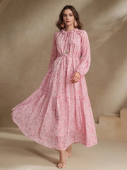 Women's Elegant Chiffon Print Loose Long-sleeved Swing Dress, No Elastic, Daily And Commuting, Vacation, Suitable for All Seasons, Double-layer, Waist Rope, Flower Small V-neck Fashion Design, Loose Spring, Summer And Autumn Long, Polyester 100%