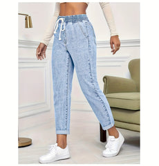 Ladies' 2026 New Stretch Elastic Drawstring Slim Cropped Jeans, Acid Wash Blue Cuff Straight Denim Trousers, Elegant Women's Clothing, Tapered Pantalones for All Seasons, Mom Pants with Pockets, High Waisted Tummy Control Travel Casual Pants
