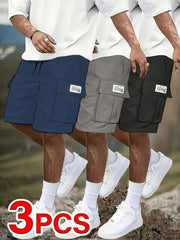 3pcs Men's Casual Cargo Shorts - Mid-Rise Elastic Waist, Multiple Utility Pockets, Loose Fit Durable Fabric for Golf & Outdoor Activities (Black, Beige, Light Gray, Dark Gray), Active Clothing | Relaxed Style | Flexible Comfort