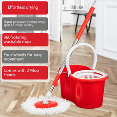 360° Spin Mop and Bucket Set with Wringer, Easy Wring Floor Cleaning Mop with 2 Reusable Microfiber Head for Household Living Room Bedroom Bathroom Toilet
