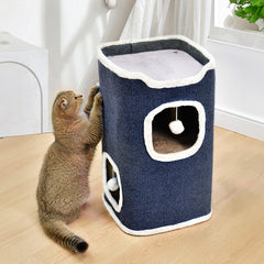 Large Cat Bed Cat House Cave & Tower Foldable Indoor 1/2/3 Layer with Hanging Toy Ball for Small Medium Pets, Large Cats Cube Bed Cave with Hideaway Condos