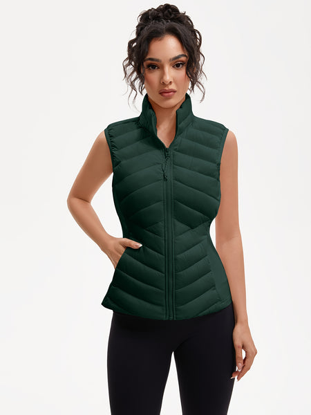 Women's Lightweight Outdoor Puffer Vest, Multi-Pocket Design, Elastic Waist Wrapping for Snug Warmth, Unique Zipper, Stand Collar, Polyester Filled