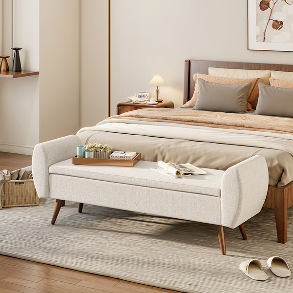1pc Upholstered Bench Chiar With Storage Box, Padded Bench With Storage Space, Window Seat Bench, End of Bed Bench, Shoe Bench, Footstool With Wooden Legs For Hallway, Living Room, Bedroom, 153*46*54cm