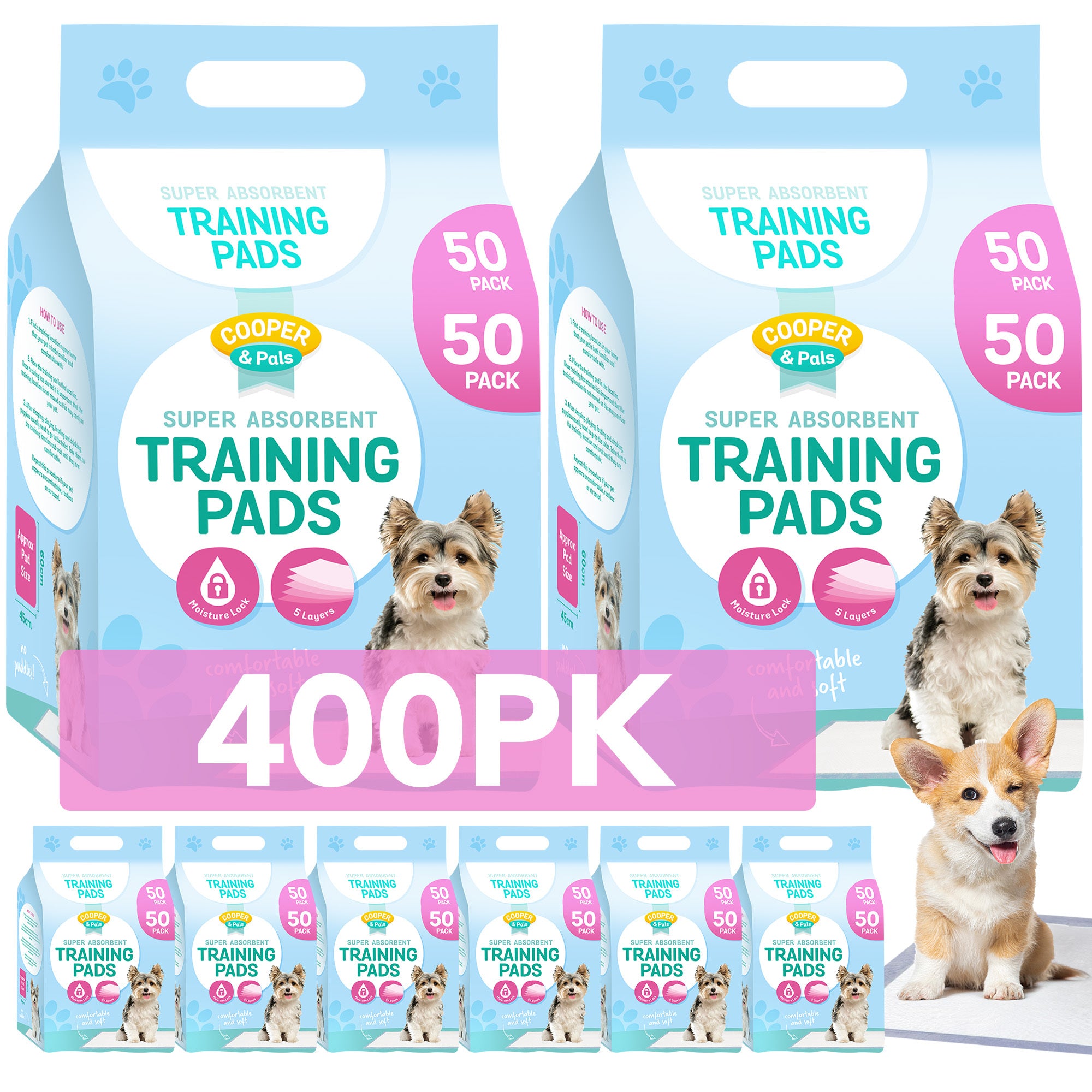 400 Pack Puppy Training Pads 45x60cm | Super Absorbent Leak-Proof Dog Pee Pads | Odor Control & Moisture Lock Layers | Disposable Indoor Pet Training Pads for Puppies & Small Dogs