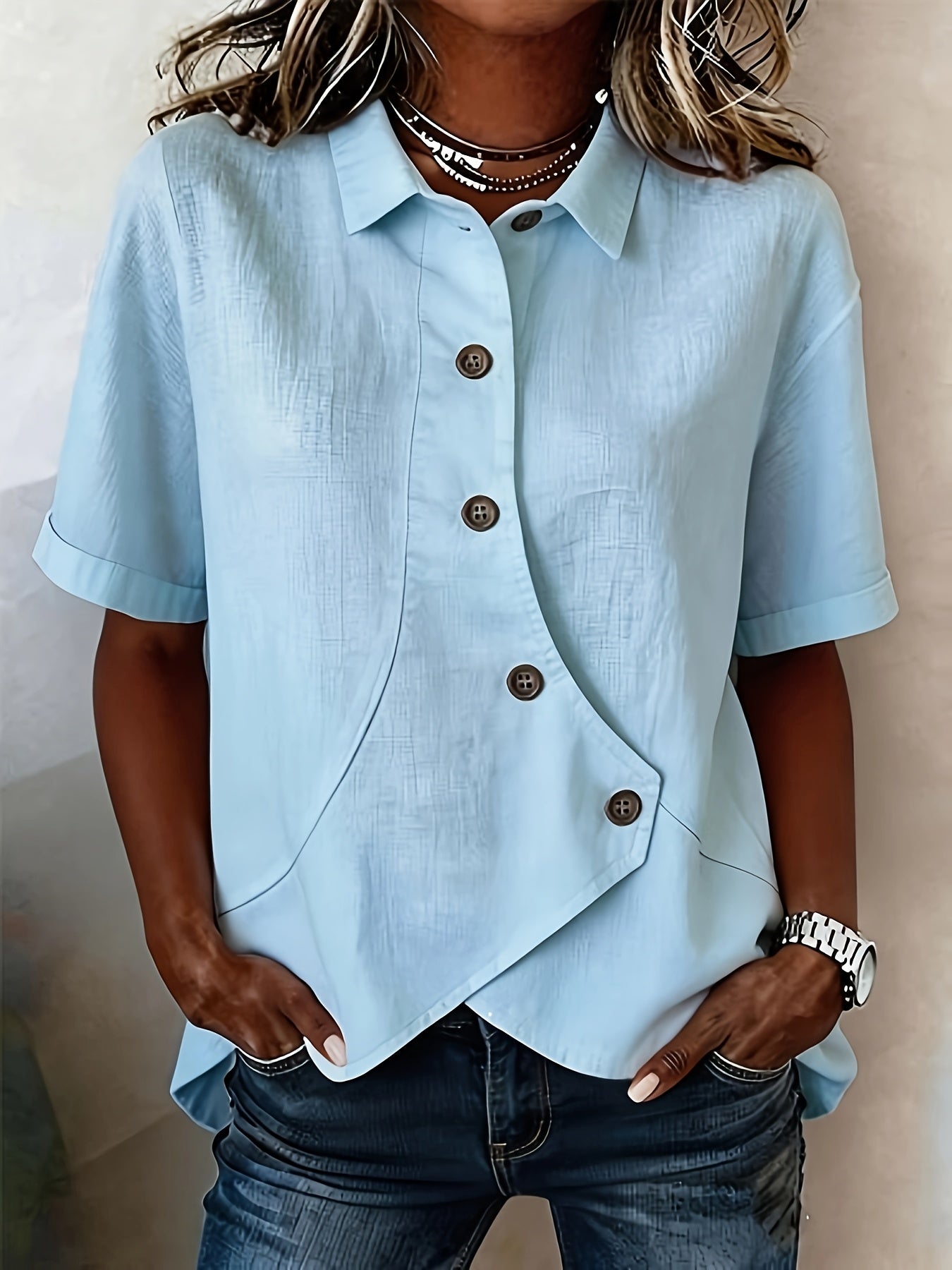 2026 Summer European and American Solid Color Irregular Shirt, Casual Versatile Style, Fashion Top