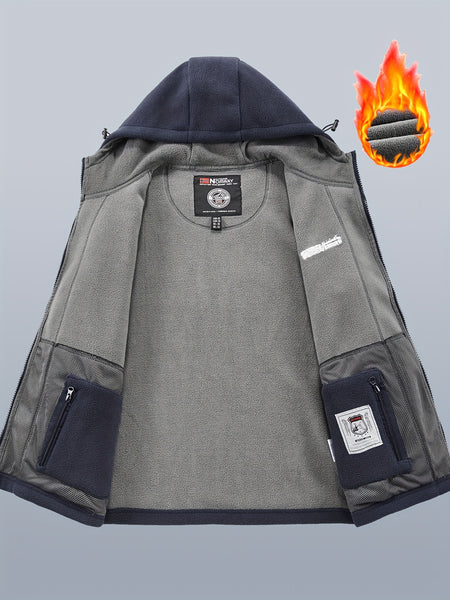 Men's winter fleece warm hooded jacket with thickened multiple pockets, windproof and cold proof jacket