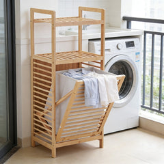 Tilt Out Laundry Hamper, Bamboo Laundry Basket with Foldable Bag and 3 Open Shelves, Freestanding Clothes Storage Organizer for Bedroom, Bathroom, Living Room