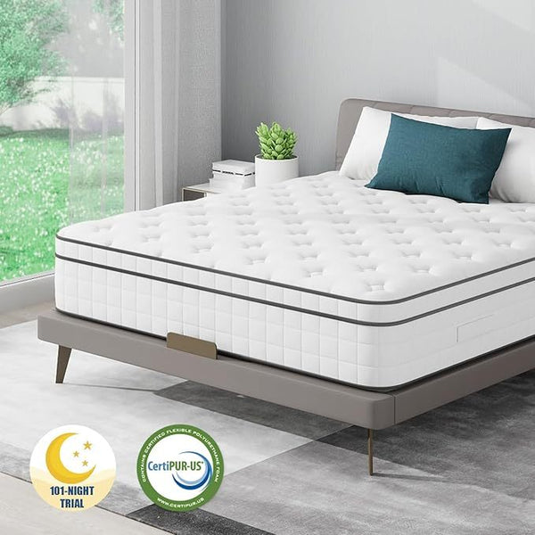 Lazzo Rocco 1st Generation 5FT White Mattress – 10.6 Inch Innerspring Hybrid with Pocket Spring & Breathable Foam, Medium Plush for Cool Comfort Sleep twin size mattress memory