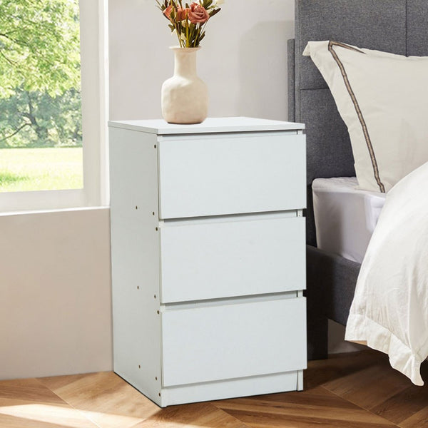 Wooden Slim Bedside Table Narrow Nightstand Side Table with 3 Drawers Storage, Tall Telephone Bedside Cabinets Sofa Side End Tables for Bedroom Small Spaces Living Room, Accent Furniture, White Coffee Tea Table, 32x30x59cm